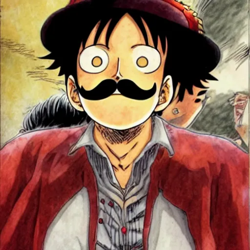 Image similar to [ luffy mustache ] ( by kim jung gi ) ( by george morikawa ) ( by kentaro miura ) ( by eiichiro oda )