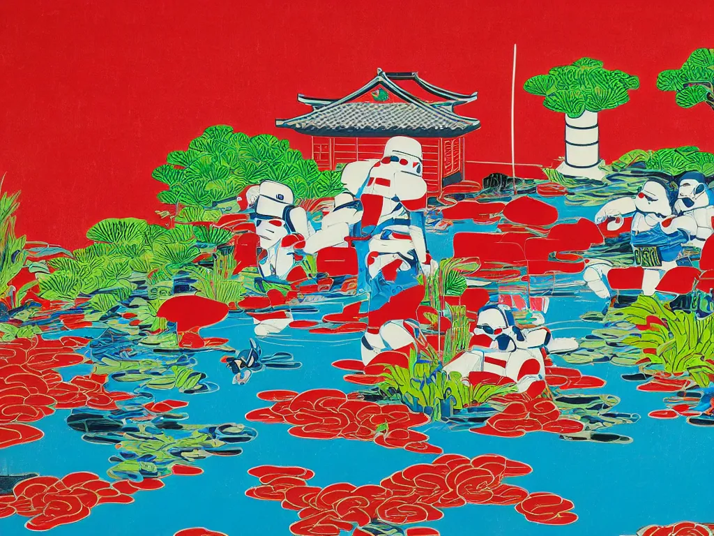 Image similar to close - up image of a japanese red house with a pond, with stormtroopers sitting around it, a combination of pop - art and traditional japanese painting styles, the style of andy warhol, roy lichtenstein and jackie tsai, bright palette, acrylic on canvas