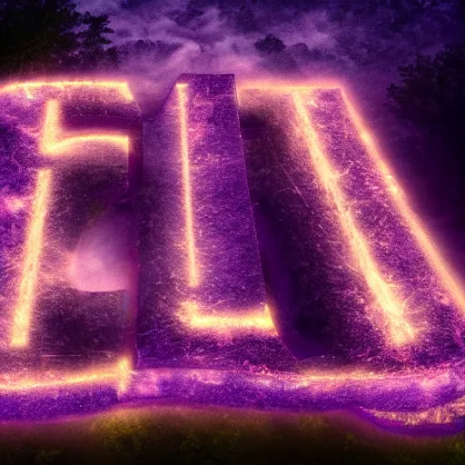 Image similar to glowing letter v on top of a mountain, purple fog and clouds, 8 k, highly detailed,