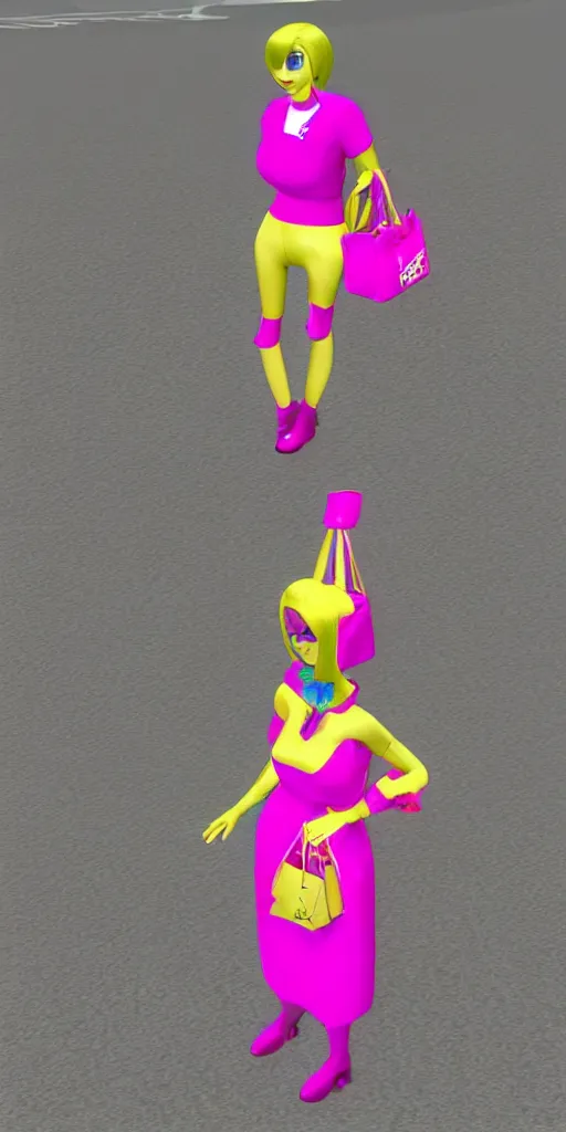 Prompt: 3d glitched malice yellow doll carrying a pink fashion bag in a street city psx rendered early 90s net art n64