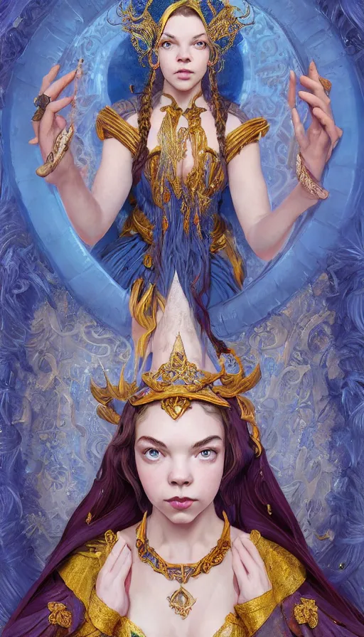Prompt: anya taylor - joy as a sorceress, passionate, seductive, sweaty, intricate dressed in ornate blue robes and staff, lovely, intricate, highly detailed, digital painting, artstation, concept art, smooth, karma sutra, sharp focus, illustration, unreal engine 5, 8 k, art by artgerm and greg rutkowski and alphonse mucha