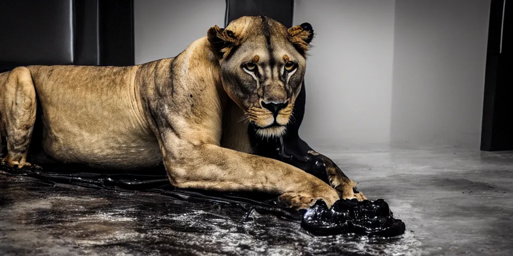 Image similar to the smooth black lioness, made of smooth black goo, laying on the couch in the living room after bathing in the ferrofluid, viscous, sticky, full of tar, covered with black goo. photography, dslr, reflections, black goo