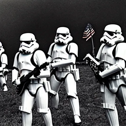 Prompt: A rock band made up of Imperial Stormtroopers playing music on stage at Woodstock (1969)