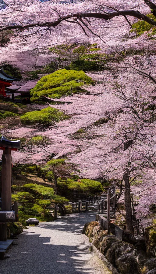 Image similar to a shinto shrine path atop a mountain,spring,sakura trees,beautiful,nature,distant shot,random point of view