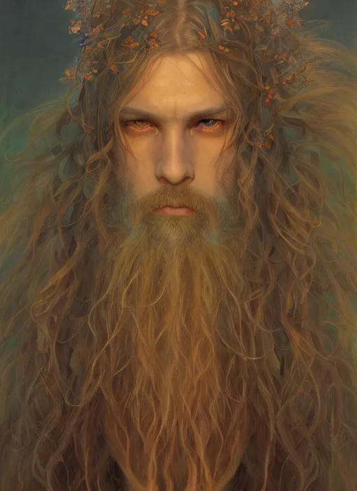 Image similar to Druid portrait, by Jean Delville and Sophie Anderson and Mandy Jurgens, golden ratio, perfect composition, elegant, no crop, extremely detailed, hd, masterpiece, artstation