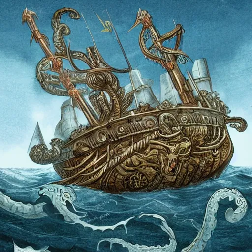 Image similar to kraken attacking a viking long ship in the middle of the ocean old european map