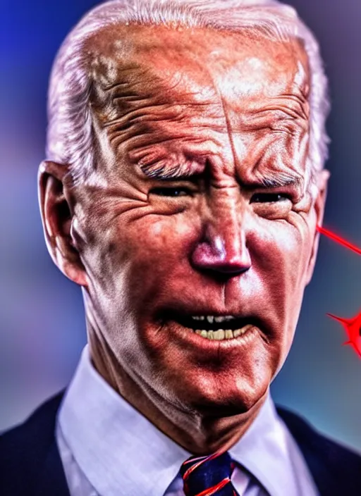 Prompt: hyper realistic ultra realistic godlike photo furious red glowing eyes biden, high quality photo, detailed , 8k