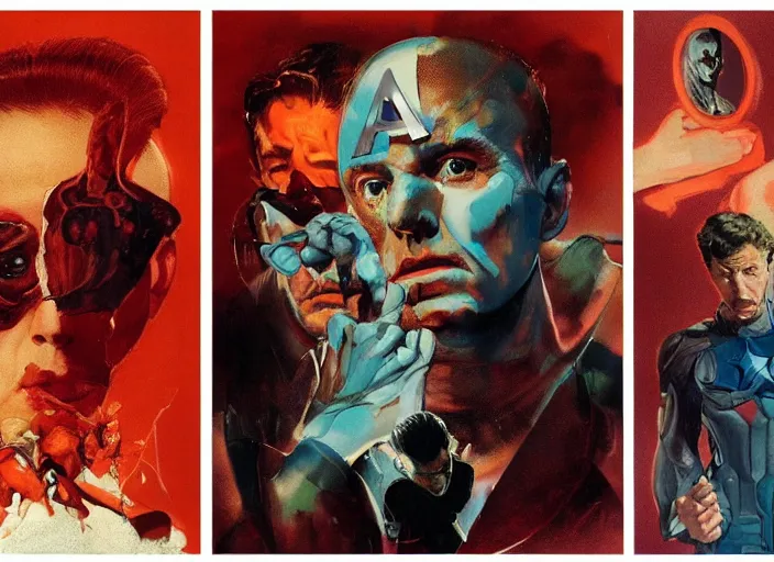 Image similar to a still from the movie avengers : endgame by of francis bacon and norman rockwell and james jean, a still from the movie godfather, and mark brooks, triadic color scheme, by greg rutkowski, syd mead and edward hopper and norman rockwell and beksinski, dark surrealism, orange and turquoise