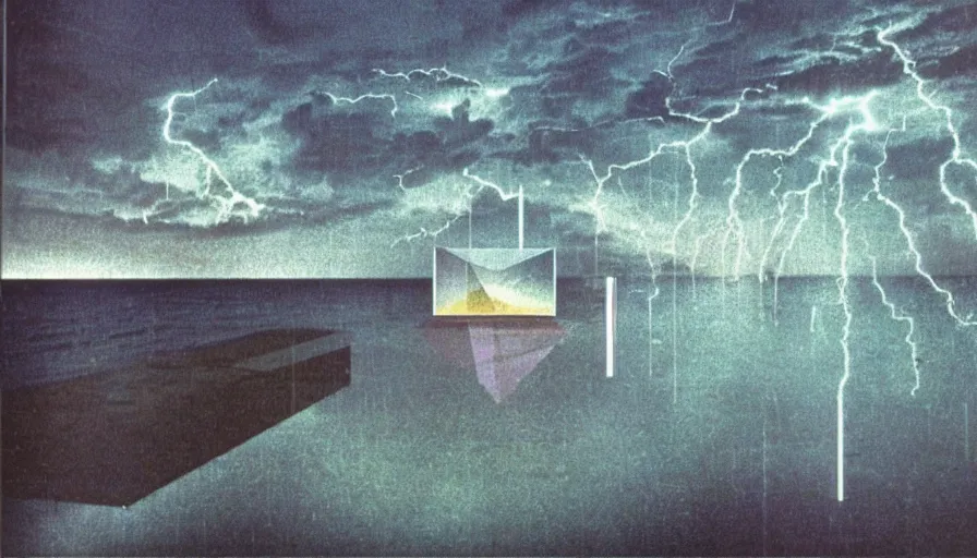 Image similar to A 1985 vintage magazine architecture photo of a, mediterranean architecture, refracted lines and sparkles, thunderstorm outside, beach on the background major arcana sky and occult symbols, hyperrealistic, award-winning, 1985