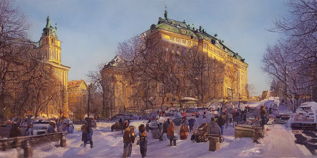 Prompt: stockholm city, volumetric lighting, spring early, nice slight overcast weather, realistic illustration, perfectly shaded, ( golden hour ), soft painting, low angle, art by sven nordqvist