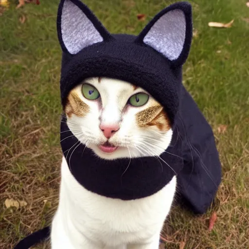 Image similar to cat photo, wearing wool hat, tongue mlem, cat ears