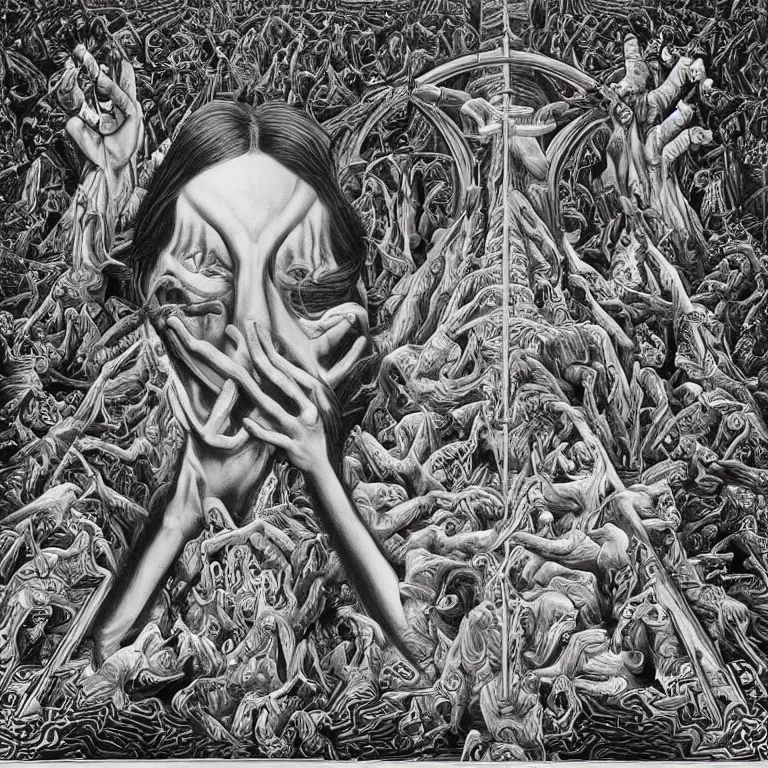 Image similar to meditation on death by Alex Grey and M. C. Escher collaboration