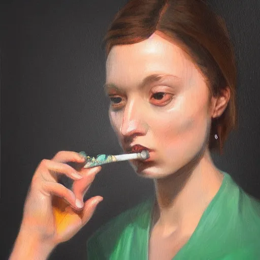 Prompt: realistic Portrait painting of polite woman smoking weed, made by Michaelangelo, physical painting, Sharp focus,digital art, bright colors,fine art, trending on Artstation, unreal engine.