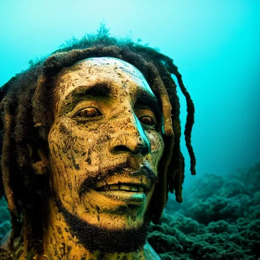 Image similar to Award-winning photograph by Mar Mann. The photo depicts a decaying roman bust of Bob Marley overgrown with moss at the bottom of the sea in the middle of ruins of civilization. Minimalism, high definition, perfect composition. Deep sea picture. Very dark. Volumetric Lighting. Fish. Darkness. Ruins