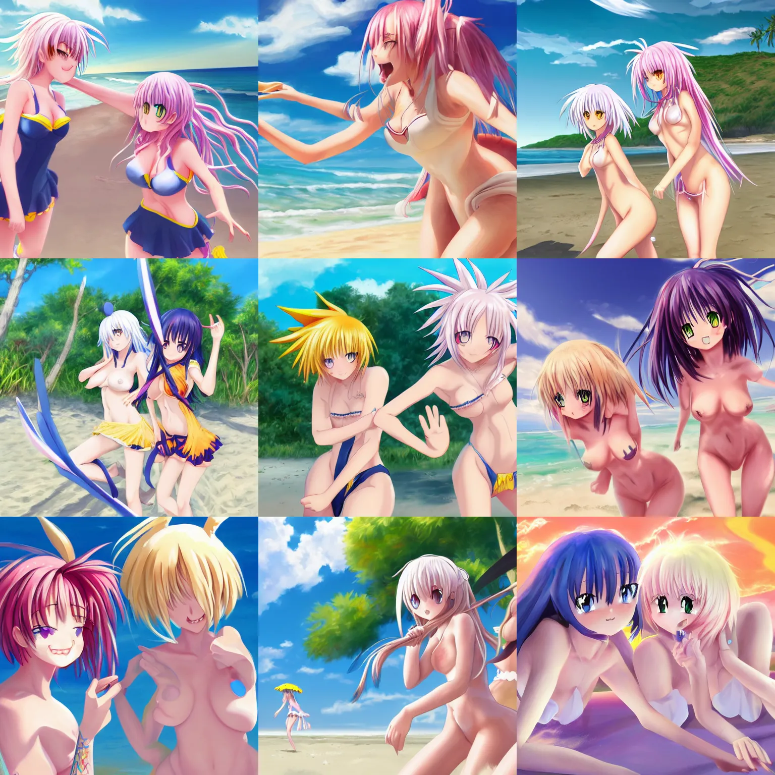 Prompt: An illustration of two girls as ToLoveRu, white hair, playing at beach, back to back, digital painting, concept art, highly detailed, sharp focus, sunny, art by Kyoto Animation, anime illustration, trending on Pixiv.
