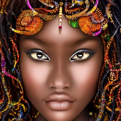 Prompt: professional photograph portrait of African Elvin fantasy princess, intricate complexity, manga styling, intricate complexity, subsurface scatter, drum scanner, 8k render