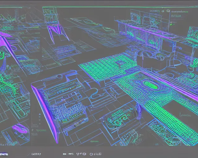 Prompt: First-Person VR POV screenshot. Walking through an exploded view of a futuristic hover-bike's 3d holographic blueprint diagram. Trending on Artstation. Lighting, colors, and shading by James Gurney.