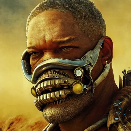 Image similar to Epic Masterpiece action shot of Lawrence Fishburne as Immortan Joe in Mad Max: Fury road (2015), drawn by Donato Giancola and Tom Bagshaw, Edmund Leighton, Alphonse Mucha, 4k, volumetric lighting, komorebi, trending on artstation, octane render, hyperrealistic