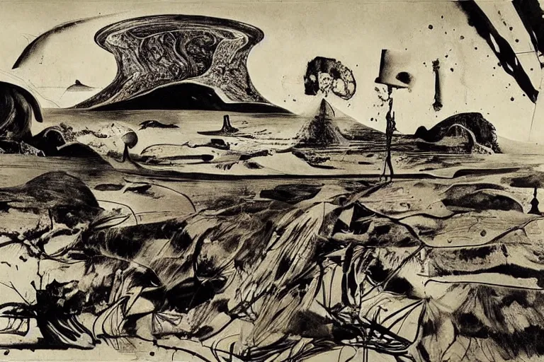 Image similar to a new afrofuturist ecotopia on a distant world. an award winning surrealist abstract landscape by salvador dali and william kentridge