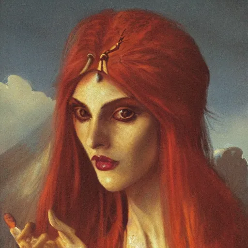 Image similar to portrait of beautyful witch circe in the odyssey, art by petrus christus