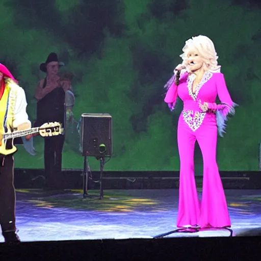 Prompt: Hulk Hogan and Dolly Parton perform on stage, biblically accurate
