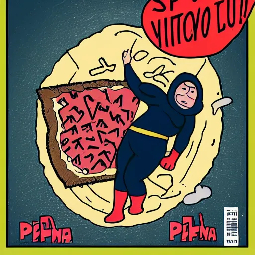 Image similar to graphic novel cover of super hero “Morbidly Obese Man” defeating a huge pizza.