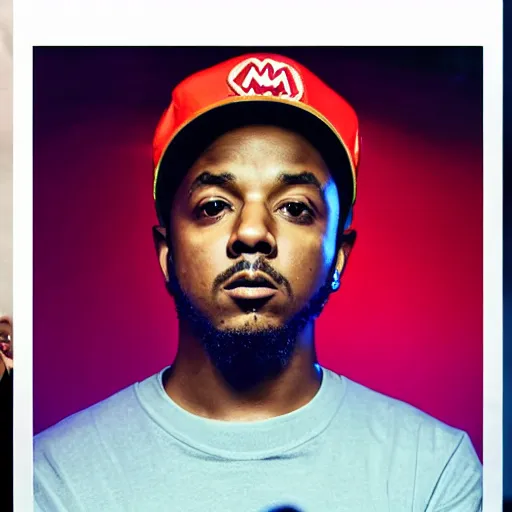 Image similar to kendrick lamar wearing mario hat, studio lighting