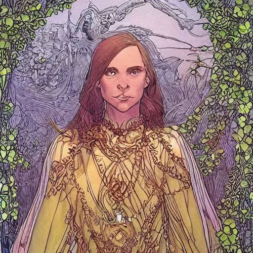 Image similar to a beautiful portrait of sanna!!!!! marin!!!!!, the young female prime minister of finland as a druidic wizard by rebecca guay, michael kaluta, charles vess and jean moebius giraud