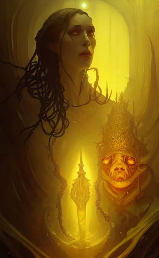 Image similar to King in the Yellow, Lovecraft Horror, highly detailed, digital painting, artstation, concept art, smooth, sharp focus, illustration, art by artgerm and greg rutkowski and alphonse mucha