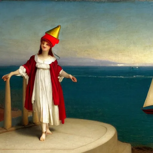 Image similar to A girl with jester hat and clothes on a greek circle archi on the front of a Balustrade with a beach and a sail boat on the background, major arcana cards, by paul delaroche and arnold böcklin hyperrealistic 8k, very detailed