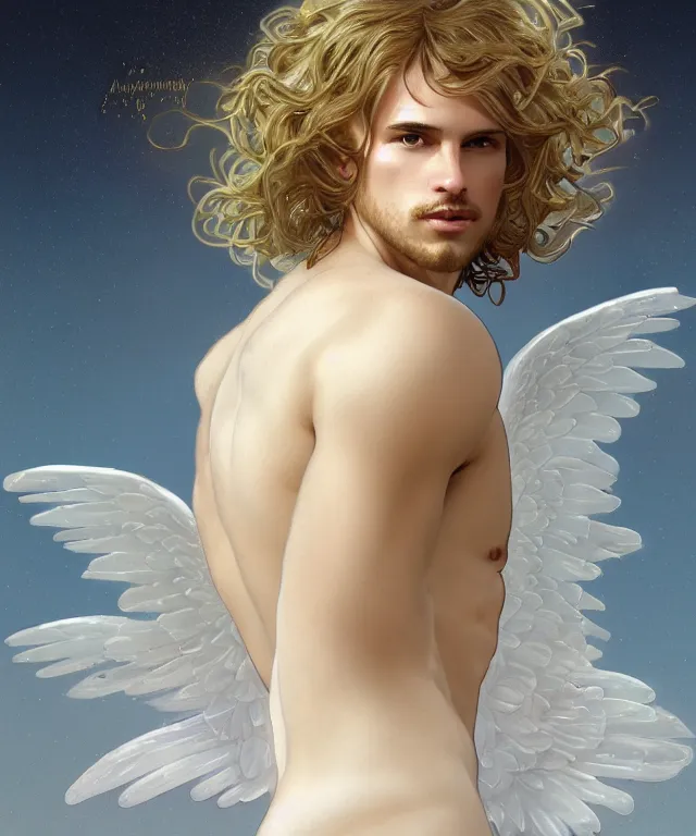 Image similar to fullbody portrait of a beautiful young fit male angel with curly blond hairs, full dressed in long fluent clothes, majestic big dove wings, luminous halo, by greg rutkowski and alphonse mucha, gradient white to gold, in front of an iridescent background, highly detailed portrait, digital painting, artstation, concept art, smooth, sharp focus illustration