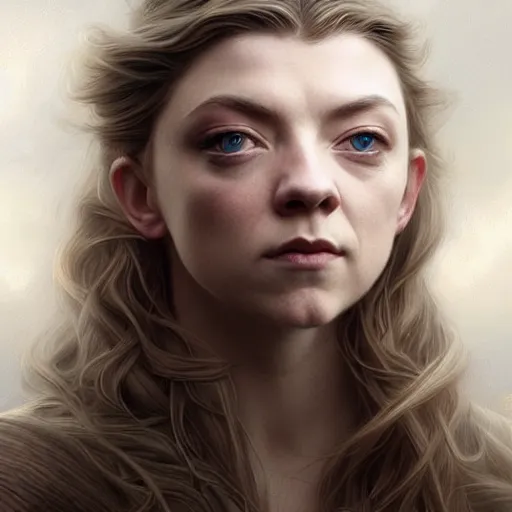 Image similar to beautiful striking Pre-Raphaelite Natalie Dormer by Artgerm and Greg Rutkowski, pale, intricate, elegant, highly detailed, digital painting