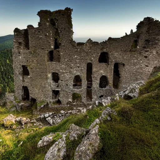 Image similar to photograph, a ruined castle on top of a big mountain, the photo was taken from very far away below the castke looking up at it, exteme far up, ultra high detail, 8 k