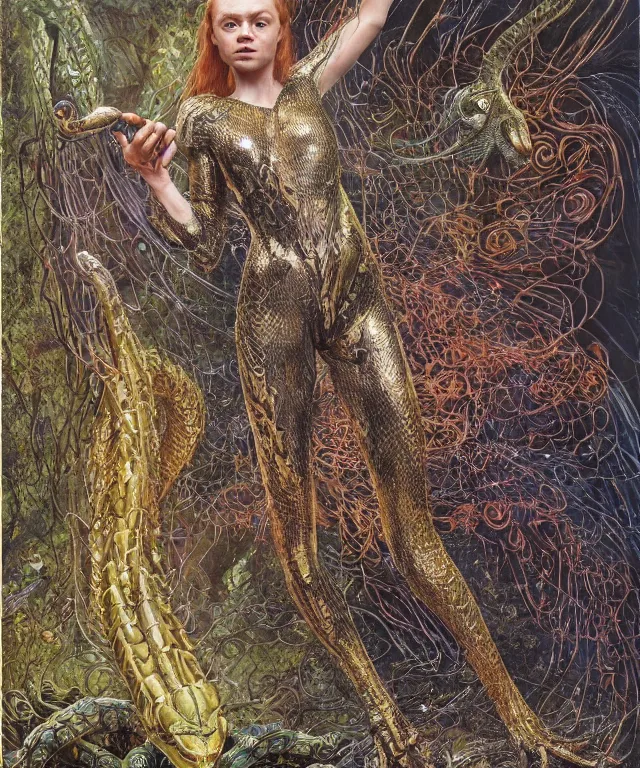 Prompt: a portrait photograph of a fierce sadie sink as a strong alien harpy queen with amphibian skin. she is dressed in a fiery lace shiny metal slimy organic membrane catsuit and transforming into a snake dinosaur. by donato giancola, walton ford, ernst haeckel, peter mohrbacher, hr giger. 8 k, cgsociety, fashion editorial