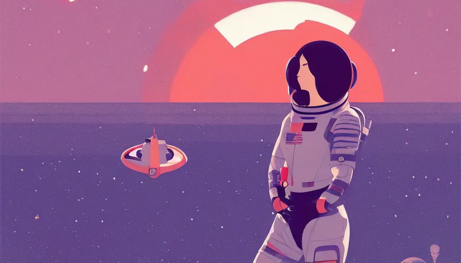 Prompt: a portrait of a female astronaut floating weightless in a scenic environment by atey ghailan in the style of yoko tsuno