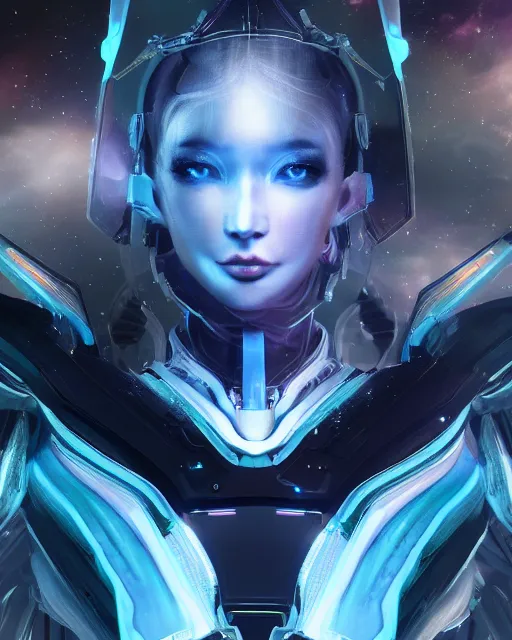 Image similar to photo of a android girl on a mothership, warframe armor, beautiful face, scifi, nebula, futuristic background, galaxy, raytracing, masterpiece, ethereal, beauty, long white hair, blue cyborg eyes, cosmic wind, flow state, 8 k high definition, insanely detailed, intricate, innocent, art by akihiko yoshida, antilous chao, woo kim