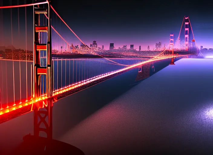 Prompt: cyberpunk scifi scene of san francsico skyline at night, golden gate bridge, artstation, matt painting, very detailed, maximalism, ambient occlusion, volumetric light, atmospheric haze, unreal engine, hyper realism, realistic shading, cinematic composition, realistic render, octane render, detailed textures, photorealistic, wide shot