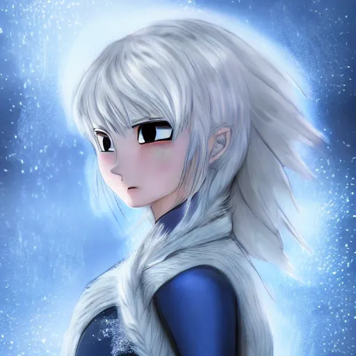 Image similar to portrait focus of Supa Saiyajin knight beautiful 3D anime girl, Frozen ice armor wearing, dark forest background, snowing, bokeh, inspired by Masami Kurumada, digital painting, high contrast, unreal engine render, volumetric lighting, high détail