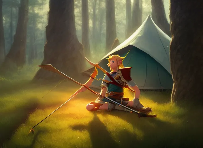 Image similar to full portrait of link from zelda resting with his bow at his tent. intricate, elegant, highly detailed, digital painting, artstation, concept art, smooth, sharp focus, illustration, by greg rutkowski, 8 k