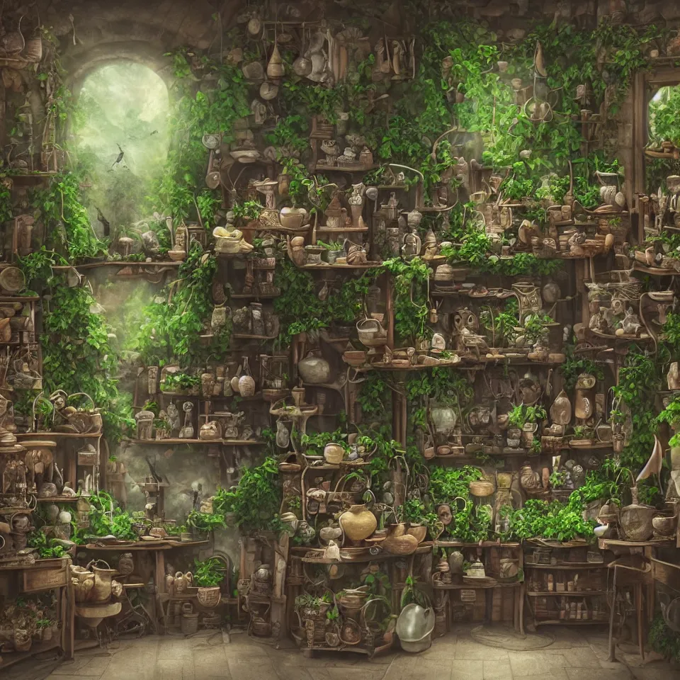 Image similar to small witch shop, counter, cauldrons, potions, visitor in a pointy hat, owls, ferns and vines, highly detailed, sharp focus, matte painting, by studio ghibli, by giovani magana,