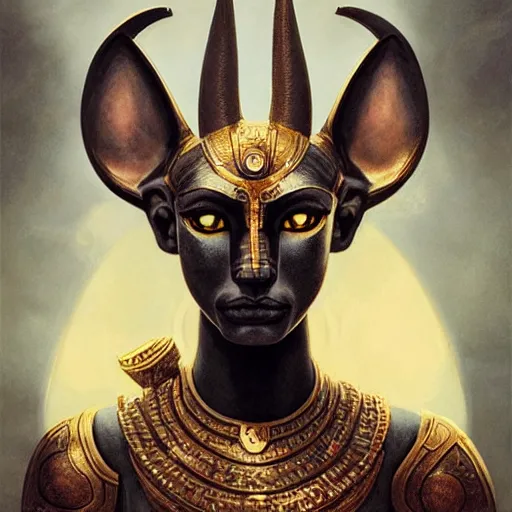 Prompt: breathtaking soft painting of anubis with a third eye in her forehead with an intricate retrofuturistic helmet in a golden sky, realistic symmetrical face features, rembrandt style, elegant, highly detailed, artstation, concept art, matte, sharp focus, art by tom bagshaw, and greg rutkowski