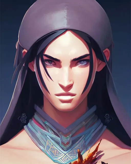 Prompt: azctec warrior, megan fox, gem, detailed perfect face, exquisite details, fire magic, mid view, design on a white background, by studio muti, greg rutkowski makoto shinkai takashi takeuchi studio ghibli