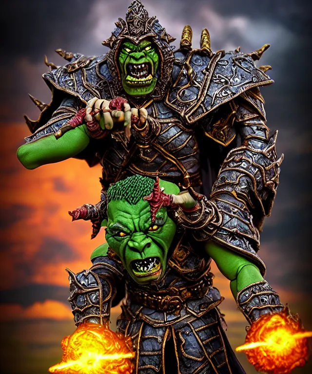 Prompt: hyperrealistic rendering, epic ornate supreme orc goblin overlord, jewel crown, war armor battle, by art of skinner and richard corben, product photography, collectible action figure, sofubi, hottoys, storm clouds, outside, lightning