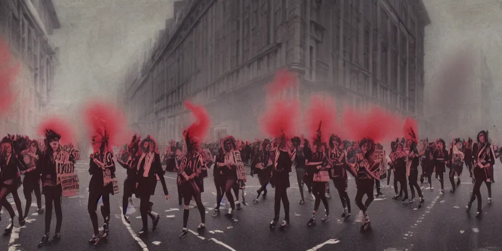 Prompt: a vintage photograph of a bunk of punk girls marching on the street of london, depressive vibe, strong subsurface scattering, red smoke, newspapers flying in the background, 1 9 9 0 s style, vintage style, scary lighting, stunning scene, highly detailed, concept art, trending on artstation