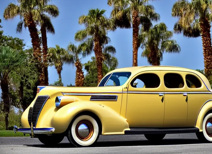 Image similar to 1 9 3 7 pontiac sedan, two tone, tan, palm trees in the background