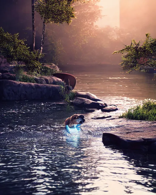 Image similar to dog swimming in the river, hyper realism, cinematic, volumetric lighting, dramatic ambient lighting, epic composition, high detail, octane render, unreal engine, 8 k, professional photo, photorealistic, intricate complexity, extremely detailed,