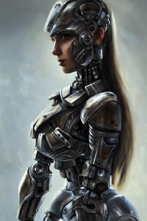 Image similar to a photorealistically painted portrait of an attractive young girl, partially clothed in cybernetic battle armor, with an abstractly painted background, flawless olive skin, fair complexion, long dark hair, beautiful bone structure, perfectly symmetric facial features, perfect photorealistic eyes, natural physique, intricate, elegant, digital painting, concept art, finely detailed, beautifully illustrated, sharp focus, minimal artifacts, volumetric lighting, from Metal Gear, by Ruan Jia and Mandy Jurgens and Artgerm and William-Adolphe Bouguerea, in the style of Greg Rutkowski, trending on Artstation, award winning art