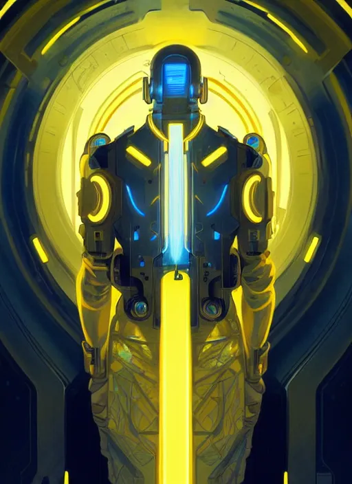 Image similar to symmetry!! portrait of a cyborg man, sci - fi, tech wear, blue and yellow glowing lights!! intricate, elegant, highly detailed, digital painting, artstation, concept art, smooth, sharp focus, illustration, art by artgerm and greg rutkowski and alphonse mucha