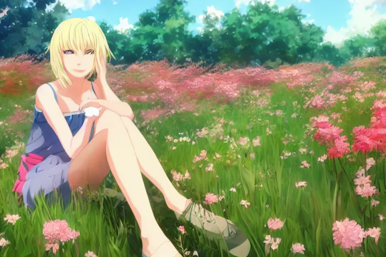 Prompt: beautiful anime transgender blonde girl sitting in a field full of flowers, highly detailed, realistic, dynamic lighting, cinematic, masterpiece, trending on artstation, in the style of studio Ghibli