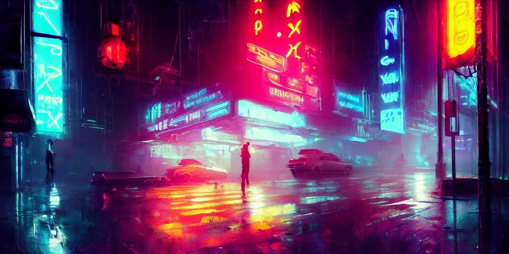 Image similar to beautiful painting by jeremy mann, cyberpunk street, neon signs, still from enter the void movie, pastel hypercolor scheme, oil painting, perfect composition, detailed octane render trending on artstation, misty, ominous, 8 k artistic photography, volumetric cinematic perfect light, wlop, alena aenami, greg rutkowski